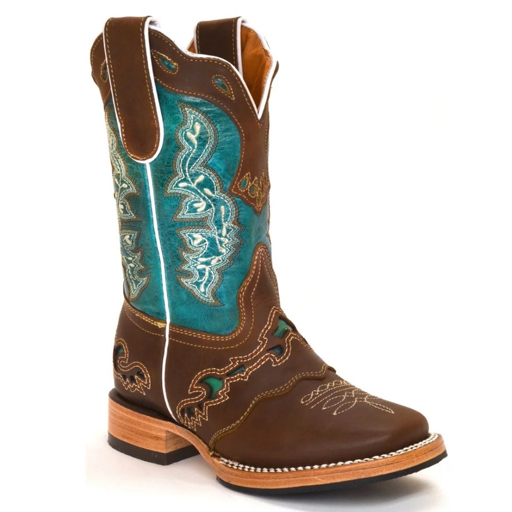 RedHawk Boot Co. Kids Wide Square Toe Cowgirl Boots in Turquoise/Brown size 2